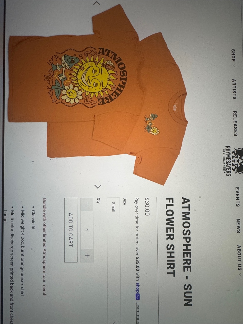 Rhymesayers Atmosphere - Orange Graphic T-Shirt with Sun Flower Print -  Lg - Picture 11 of 12